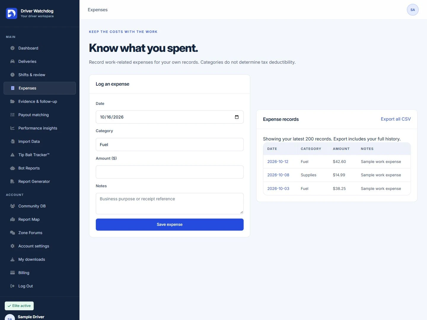 Expense records and expense entry form